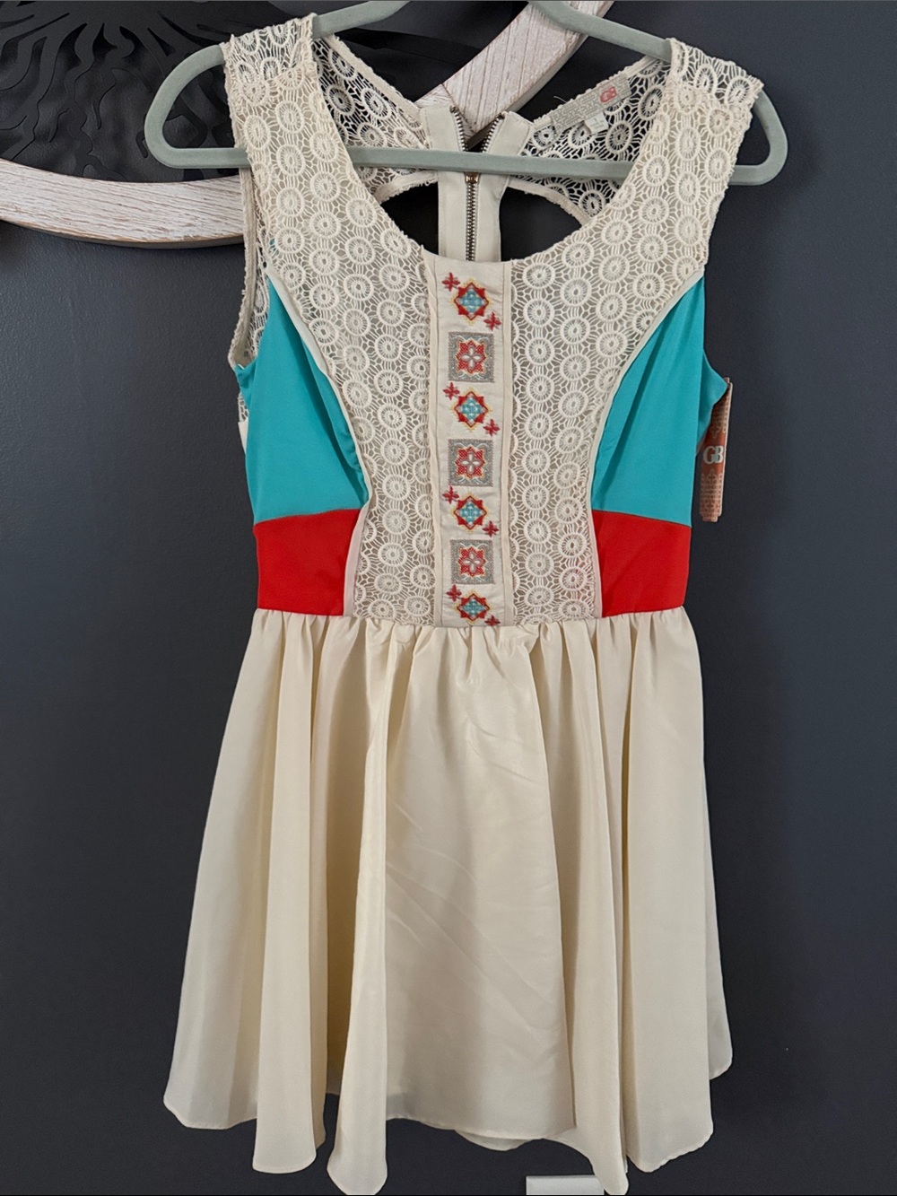 GB girls Cream Lace Dress with Teal Panels and Red Waist